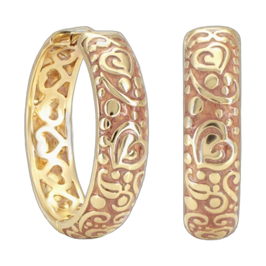 Hidden Hearts Earrings set of 3: two-tone gold and rose-gold engraved hoops with scrollwork on Tampa Home & Garden Store