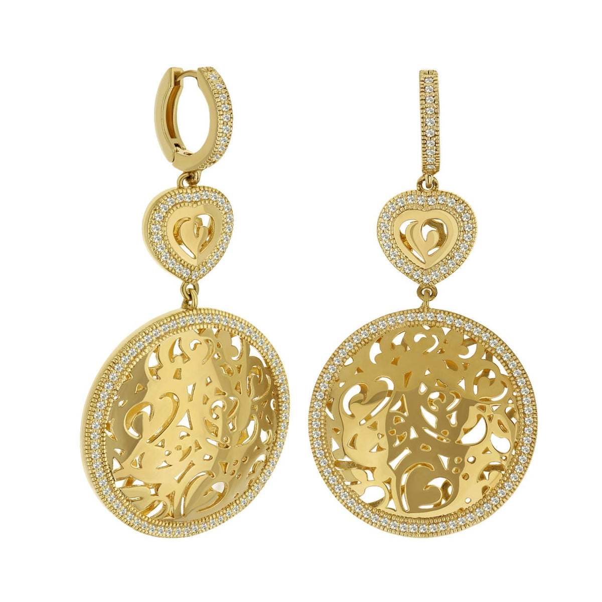 Hidden Hearts Earrings by Lauren G Adams, gold chandelier earrings with heart motif, pave on Tampa Home & Garden Store