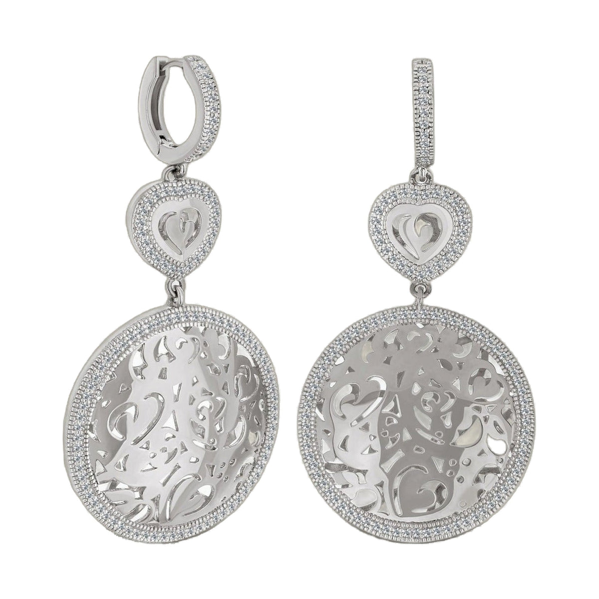 Hidden Hearts chandelier earrings by Lauren G Adams, pave-stone heart charms, silver tone pair on Tampa Home & Garden Store
