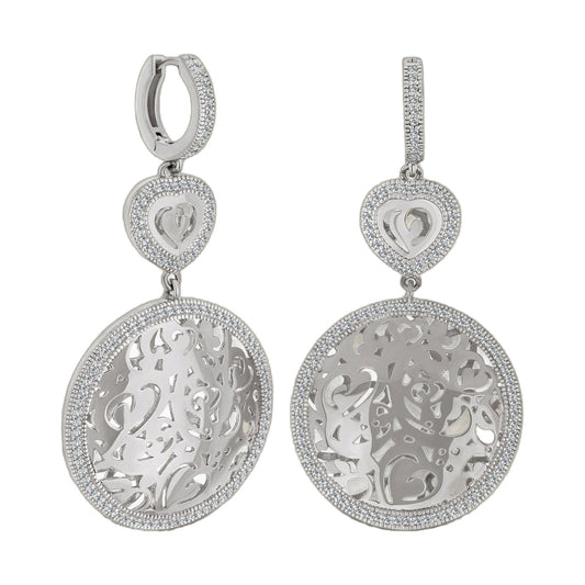 Hidden Hearts chandelier earrings by Lauren G Adams, pave-stone heart charms, silver tone pair on Tampa Home & Garden Store