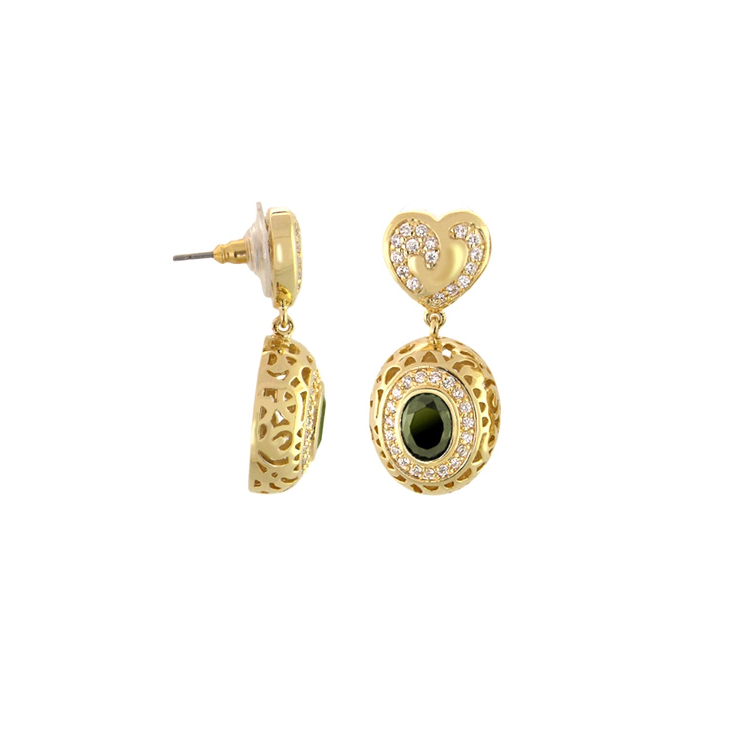 Hidden Hearts Earrings vintage gold with crystal heart top and green gem by Lauren G Adams on Tampa Home & Garden Store