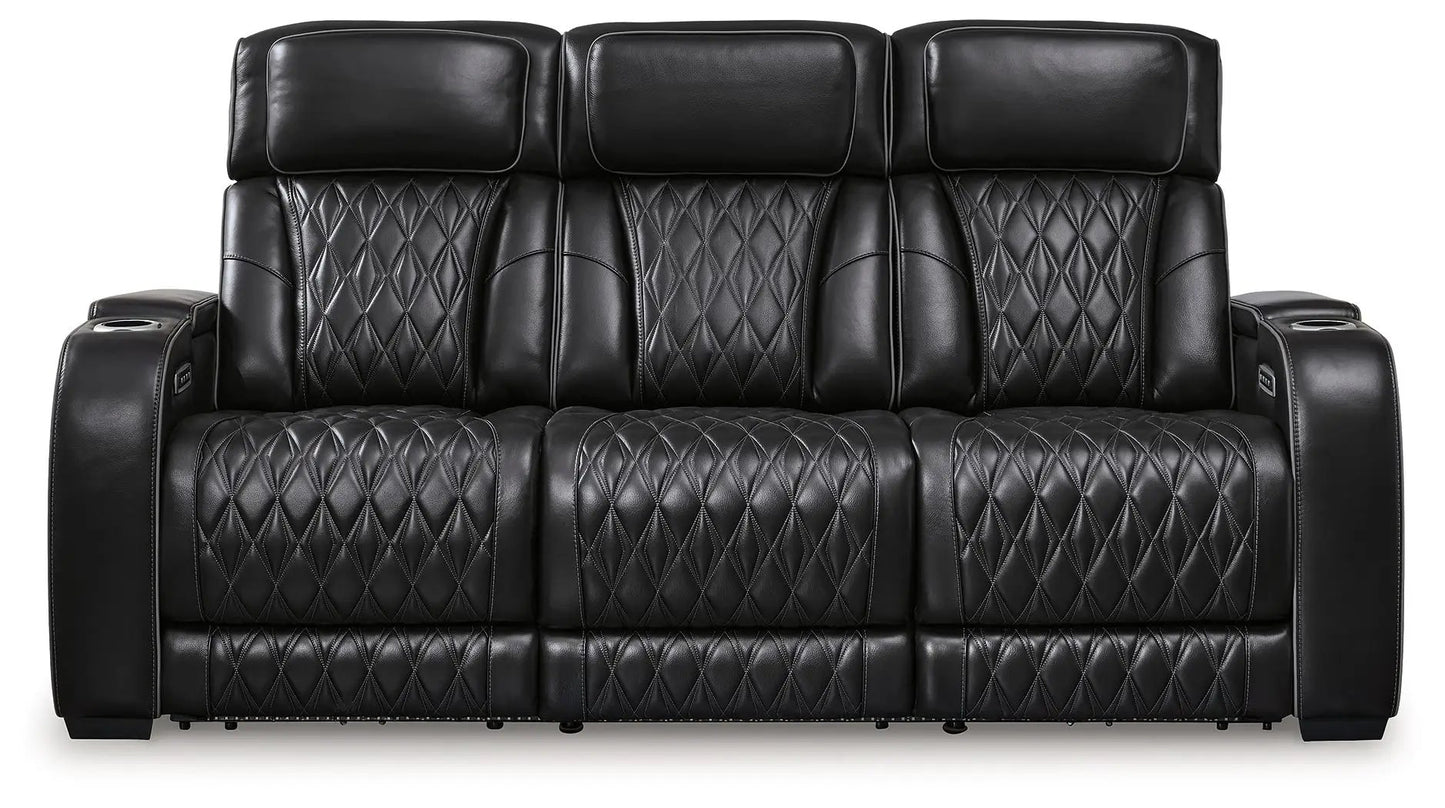 Boyington 3-seat black leather power reclining sofa with diamond-stitched upholstery on Tampa Home & Garden Store
