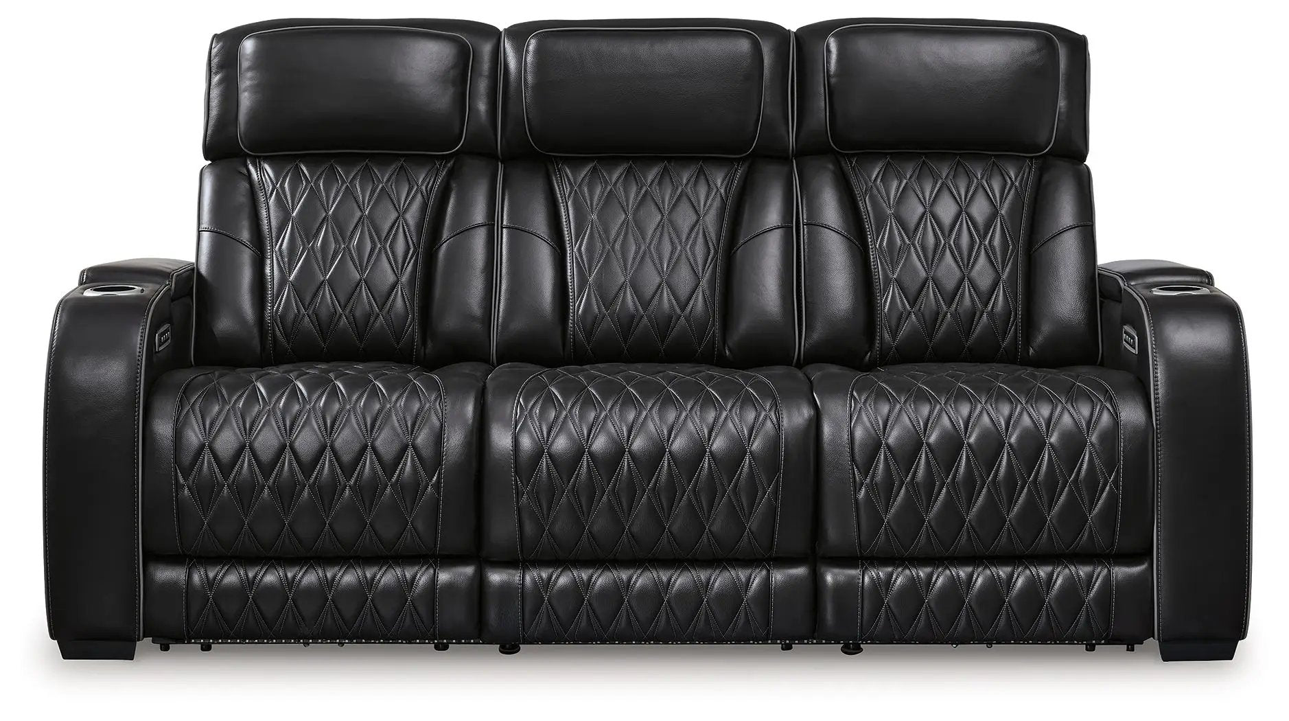 Boyington 3-seat black leather power reclining sofa with diamond-stitched upholstery on Tampa Home & Garden Store