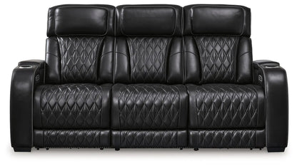 Boyington 3-seat black leather power reclining sofa with diamond-stitched upholstery on Tampa Home & Garden Store