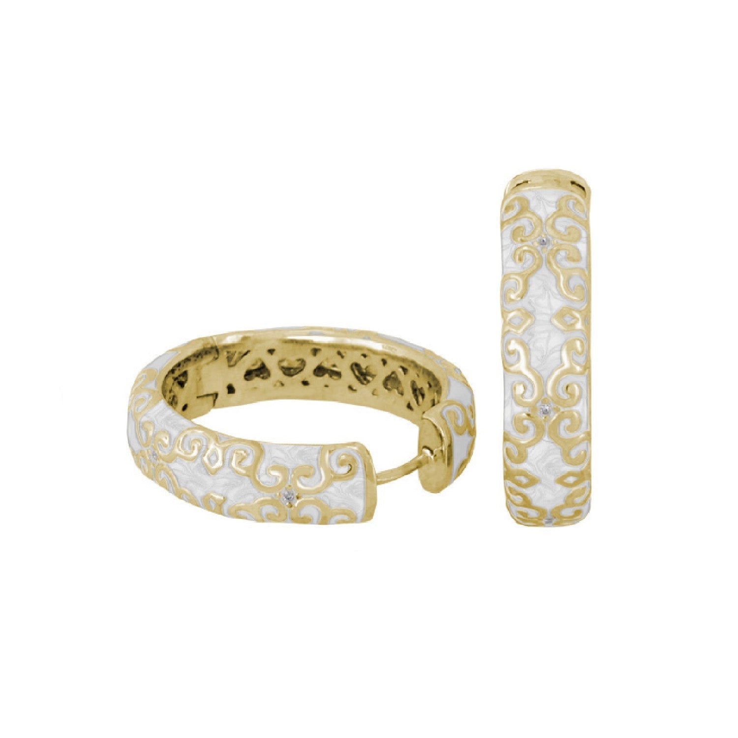 Moroccan enamel hoop earrings set of 2, Lauren G Adams, gold-tone with white enamel scrolls on Tampa Home & Garden Store