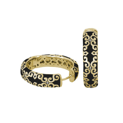 Moroccan enamel hoop earrings by Lauren G Adams, gold-tone black enamel pattern, pair on Tampa Home & Garden Store