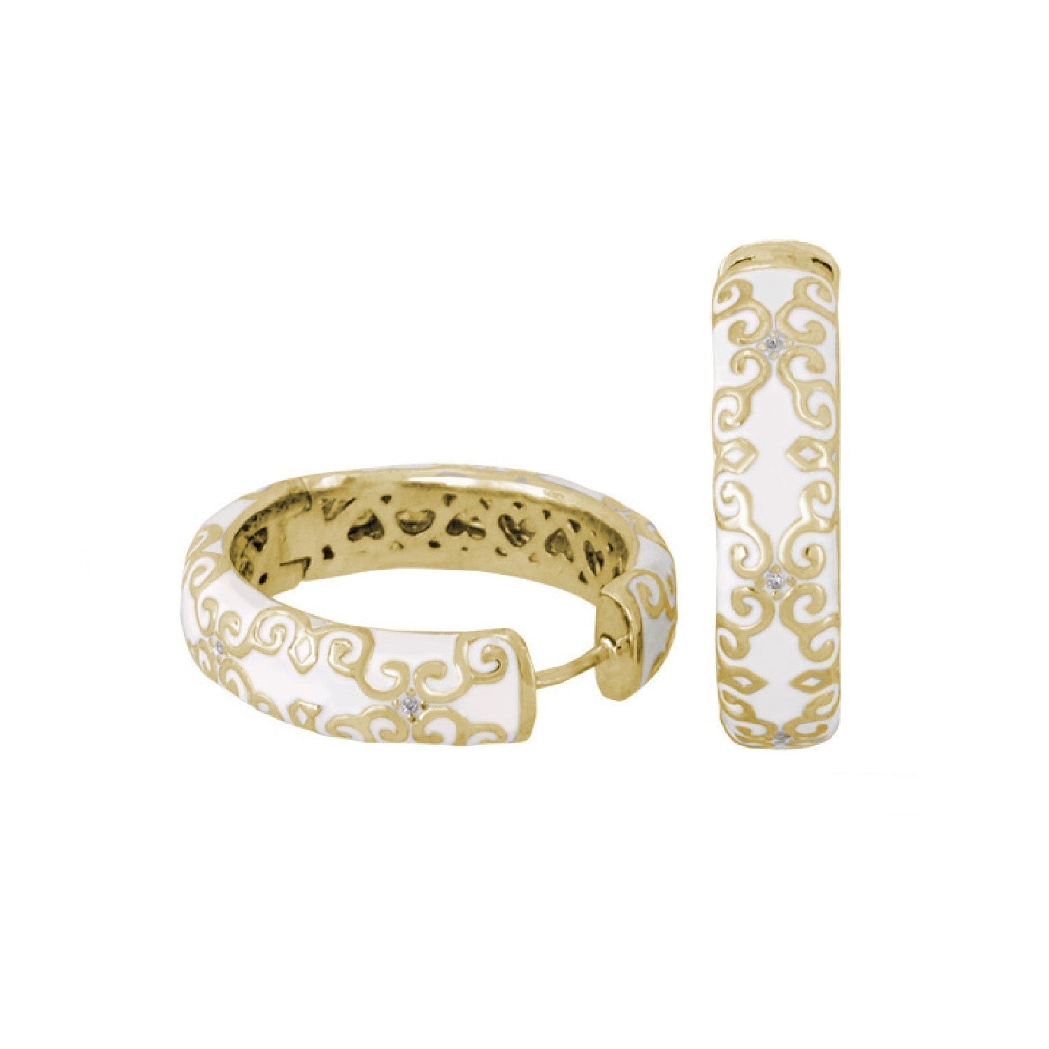 Moroccan Hoop Earrings by Lauren G Adams, gold-tone enamel hoops with white enamel scroll pattern (2-piece set) on Tampa Home & Garden Store