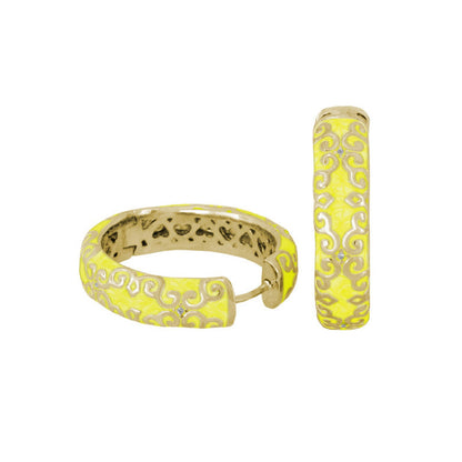 Moroccan Hoop Earrings by Lauren G Adams, enamel yellow gold-tone hoops with ornate scrollwork on Tampa Home & Garden Store