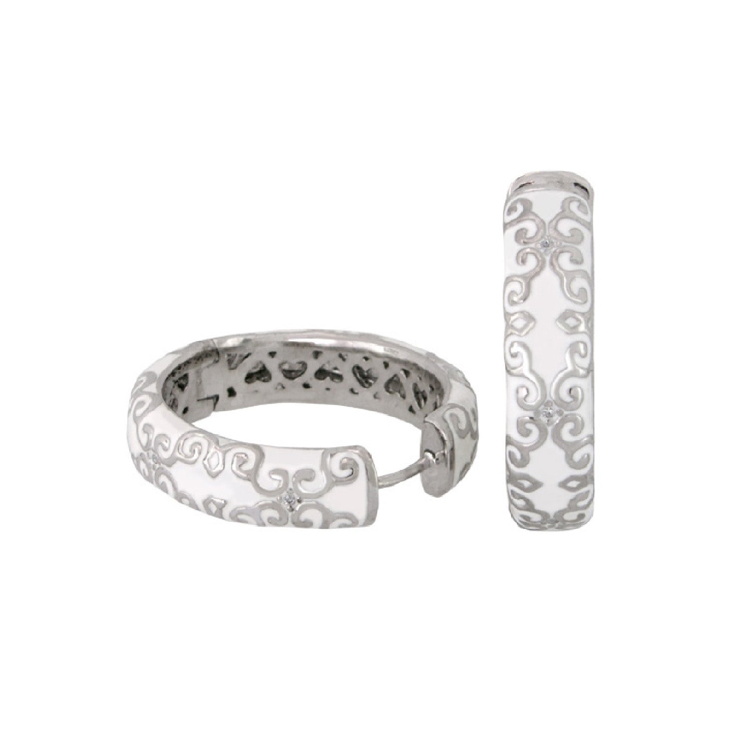 Moroccan Hoop Earrings, enamel white with silver scroll motif, pair of hoops on Tampa Home & Garden Store