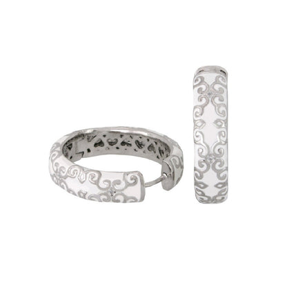 Moroccan Hoop Earrings, enamel white with silver scroll motif, pair of hoops on Tampa Home & Garden Store