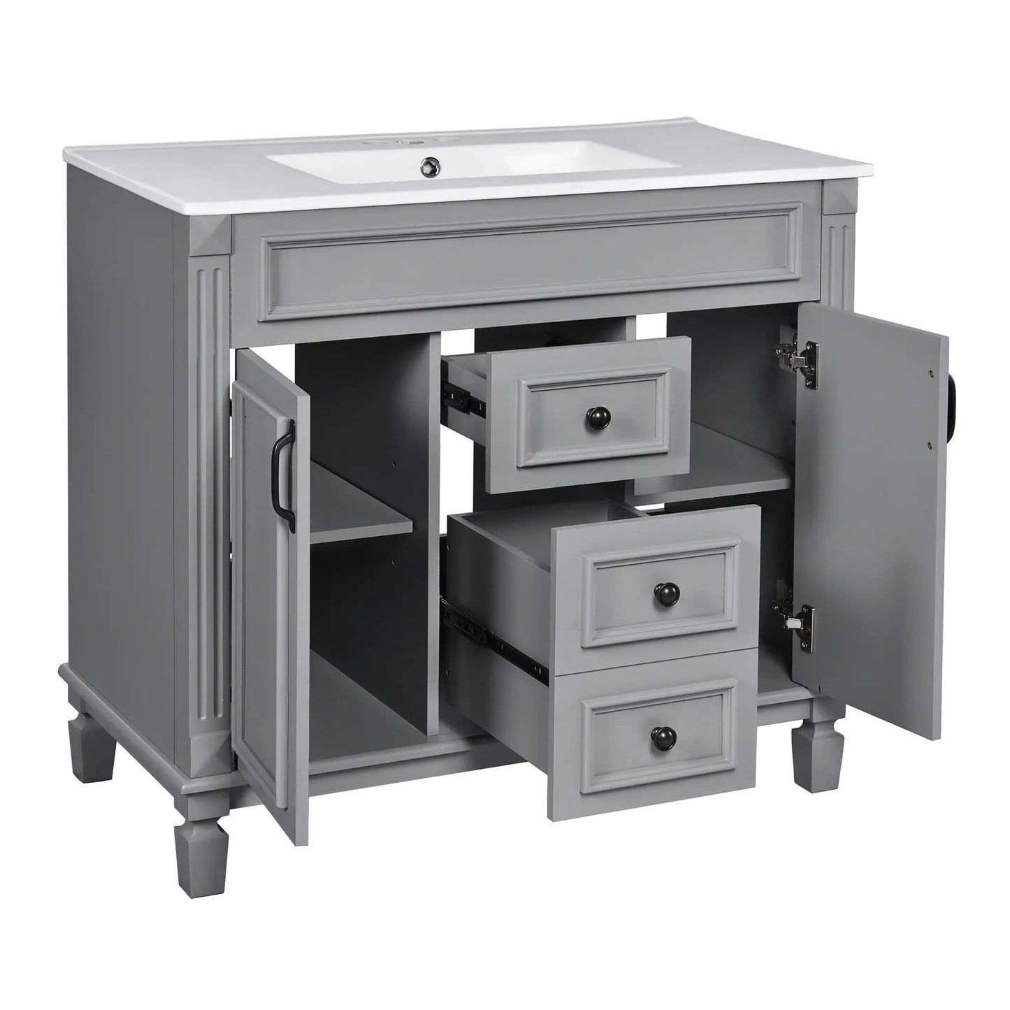Bathroom vanity with top sink, gray cabinet, white countertop, soft-close doors & 2 drawers on Tampa Home & Garden Store