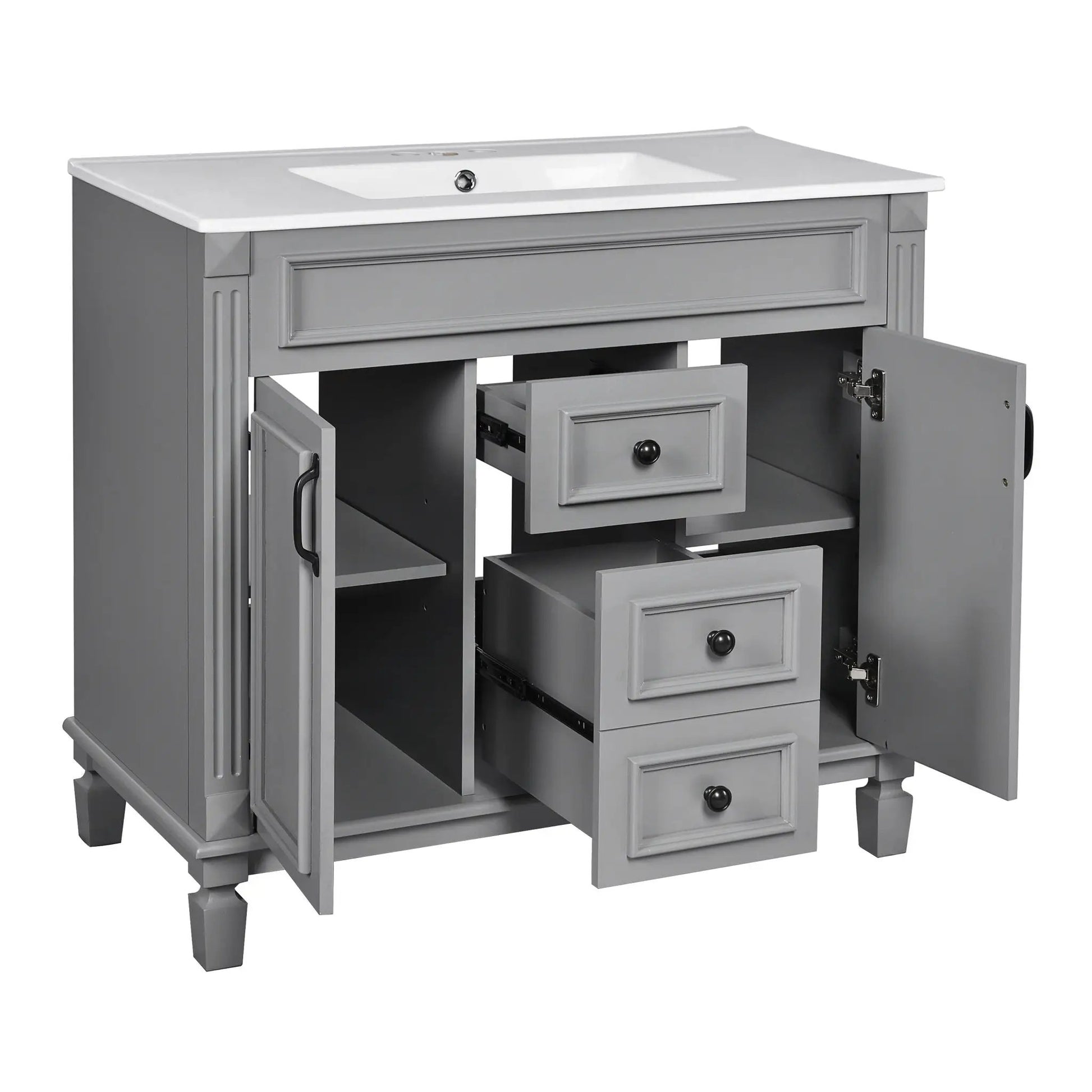 Bathroom vanity with top sink, gray cabinet, white countertop, soft-close doors & 2 drawers on Tampa Home & Garden Store