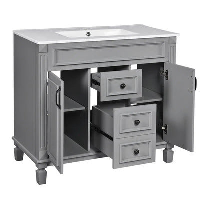 Bathroom vanity with top sink, gray cabinet, white countertop, soft-close doors & 2 drawers on Tampa Home & Garden Store