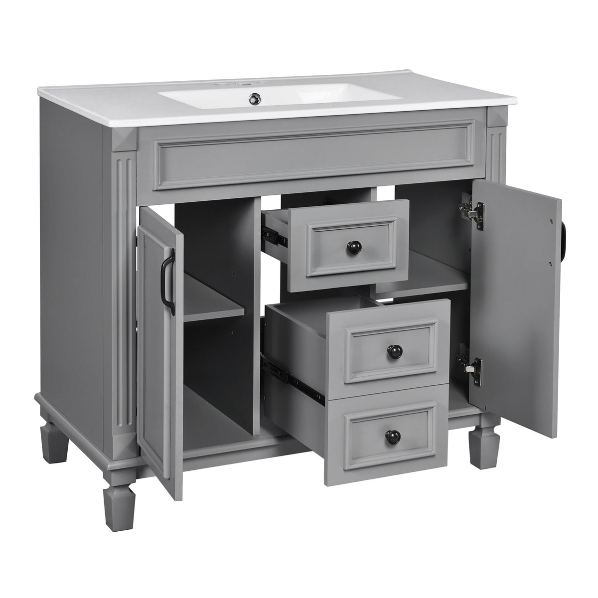 Bathroom vanity with sink and cabinet in gray with white countertop and black hardware on Tampa Home & Garden Store