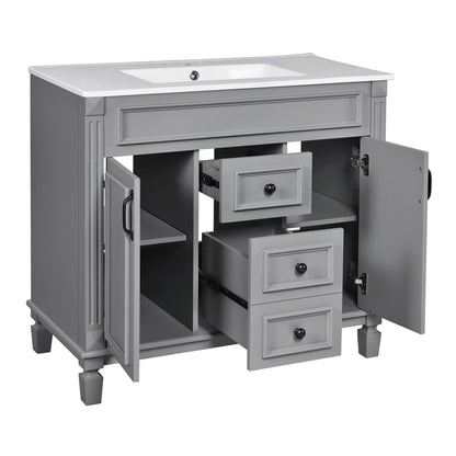 Bathroom vanity with sink and cabinet in gray with white countertop and black hardware on Tampa Home & Garden Store