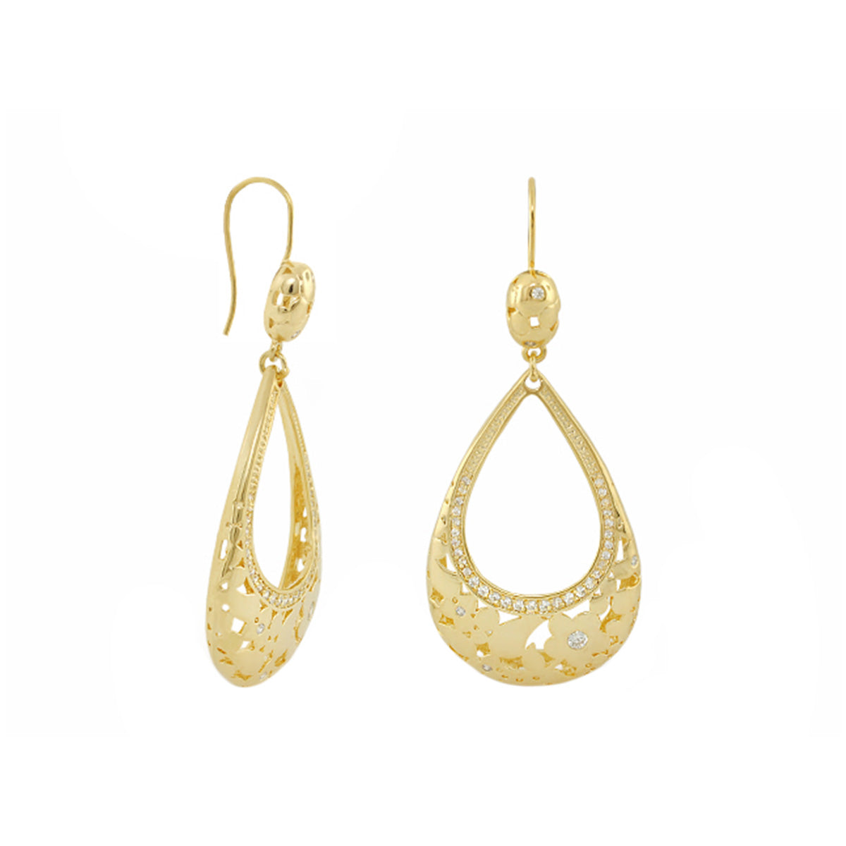 Gold-tone Flowers by Orly open-teardrop chandelier earrings with lattice cutouts on Tampa Home & Garden Store