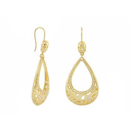Gold-tone Flowers by Orly open-teardrop chandelier earrings with lattice cutouts on Tampa Home & Garden Store