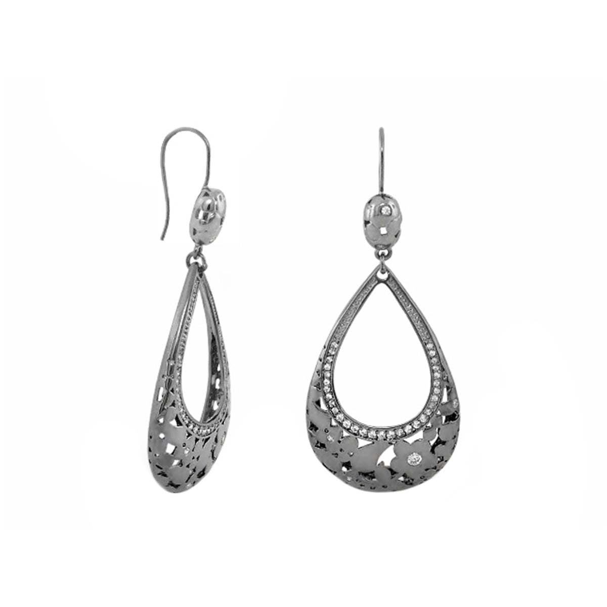 Flowers by Orly Earrings pair open teardrop chandelier, silver-tone with rhinestone rim on Tampa Home & Garden Store