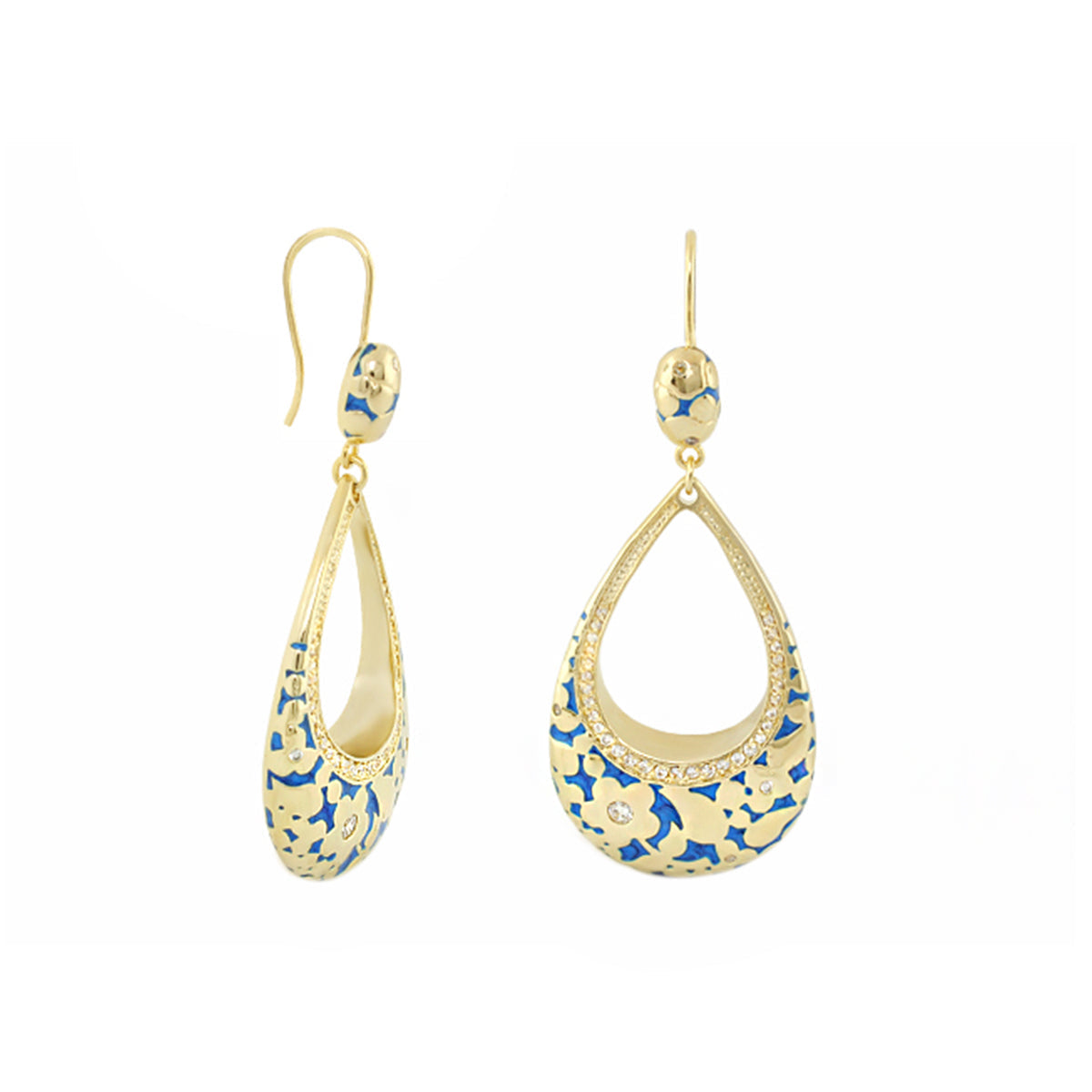 Flowers by Orly speckled open-teardrop pair earrings in gold-tone with blue enamel crystals on Tampa Home & Garden Store