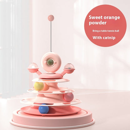 Pink 4-level cat toy tower with rotating platforms and rolling balls for interactive play on Tampa Home & Garden Store