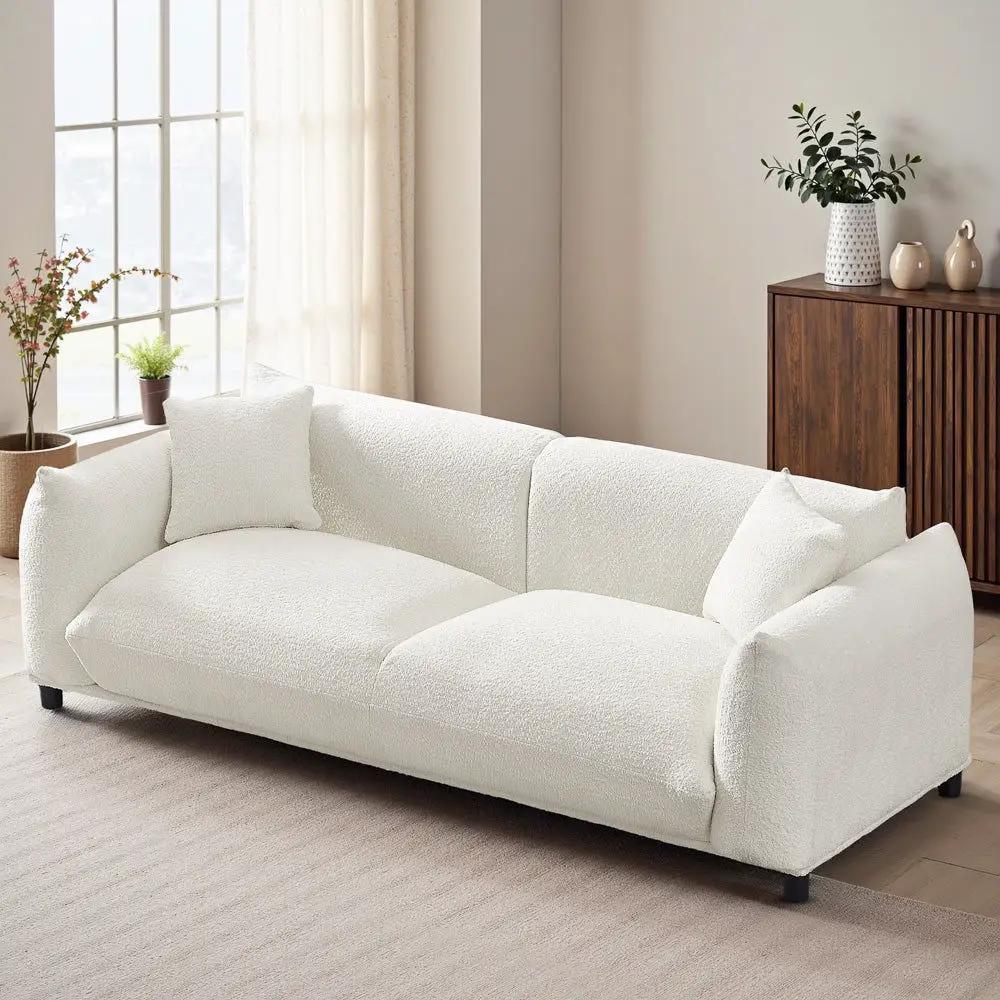 Emma Mid-Century Modern Luxury Sofa in white boucle upholstery, stationary with square arms on Tampa Home & Garden Store
