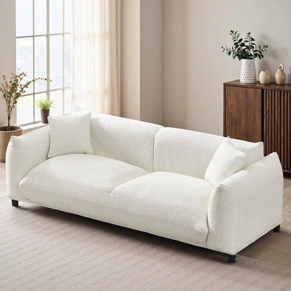 Emma Mid-Century Modern Luxury Sofa in white boucle upholstery, stationary with square arms on Tampa Home & Garden Store