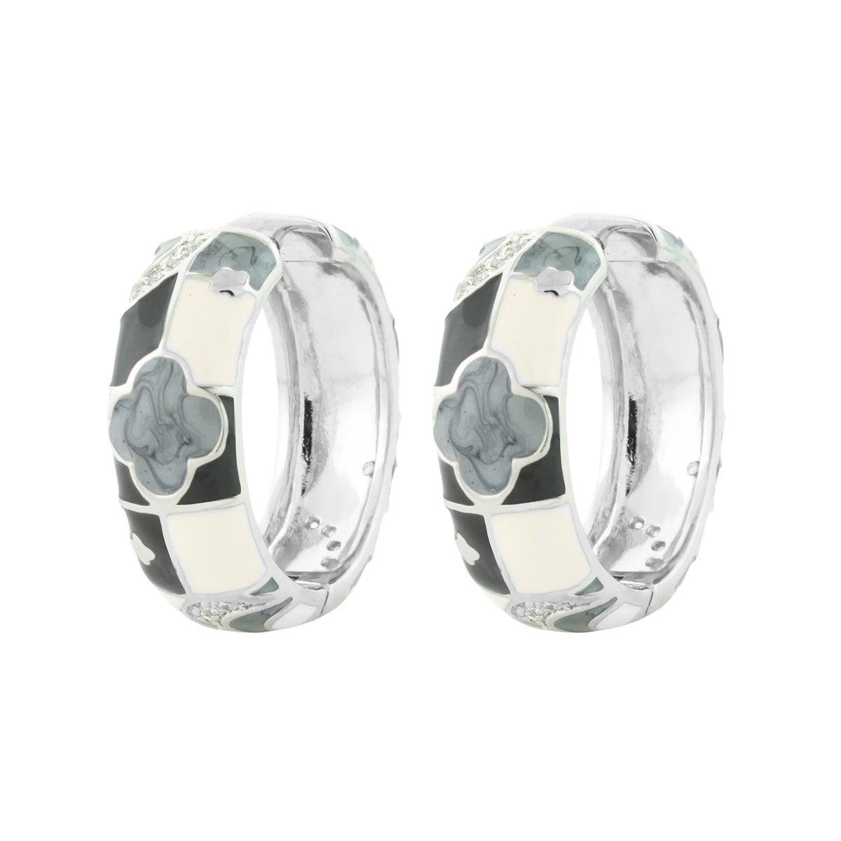 Fun Clover Earrings enamel hoop pair with gray clovers on silver-tone hoops on Tampa Home & Garden Store