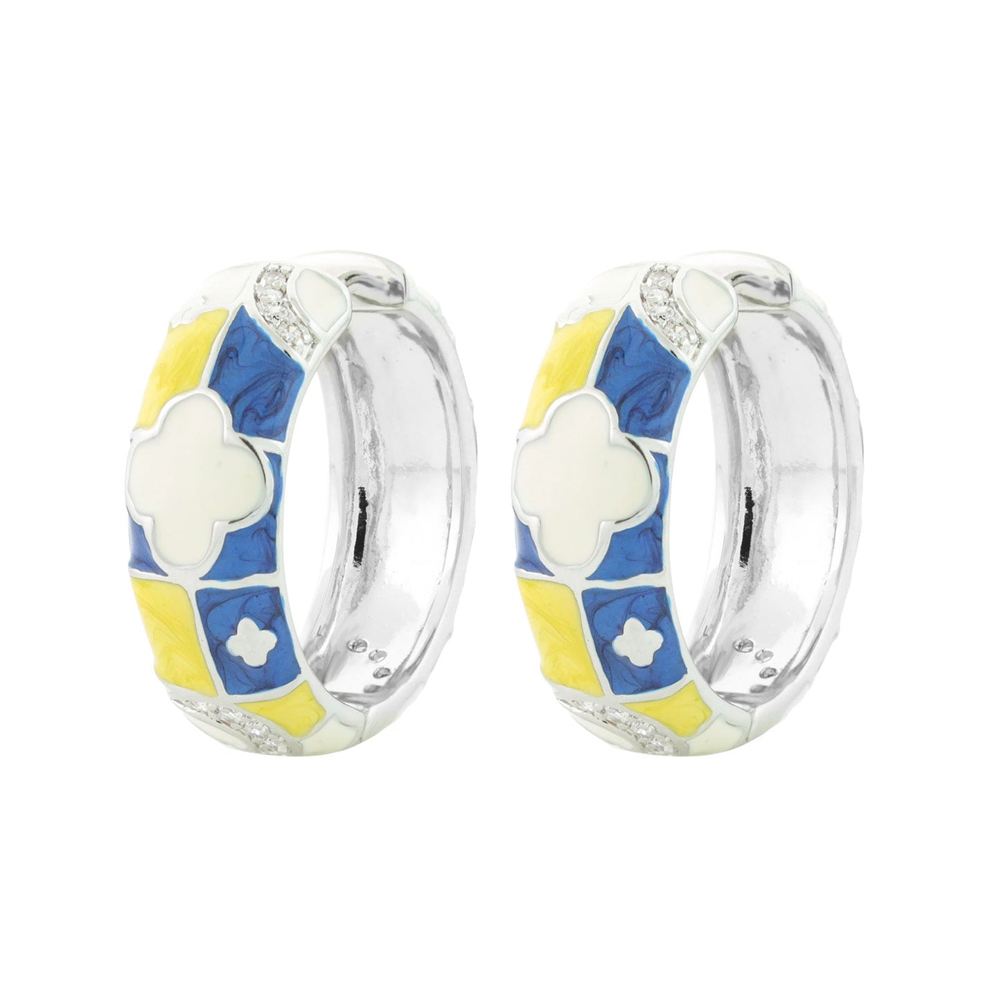 Fun Clover Enamel Hoop earrings Lauren G Adams in blue yellow white mosaic with crystal accents on Tampa Home & Garden Store