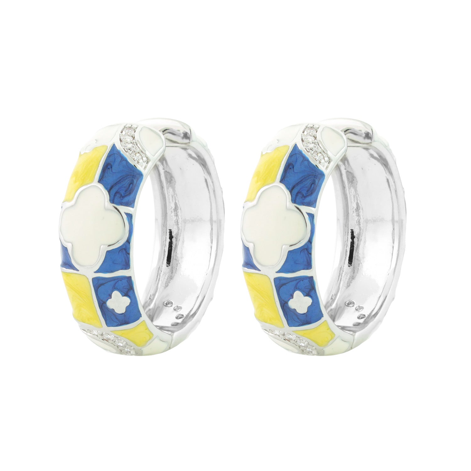 Fun Clover Enamel Hoop earrings Lauren G Adams in blue yellow white mosaic with crystal accents on Tampa Home & Garden Store