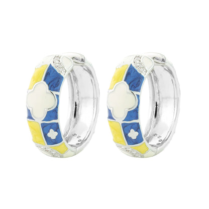 Fun Clover Enamel Hoop earrings Lauren G Adams in blue yellow white mosaic with crystal accents on Tampa Home & Garden Store