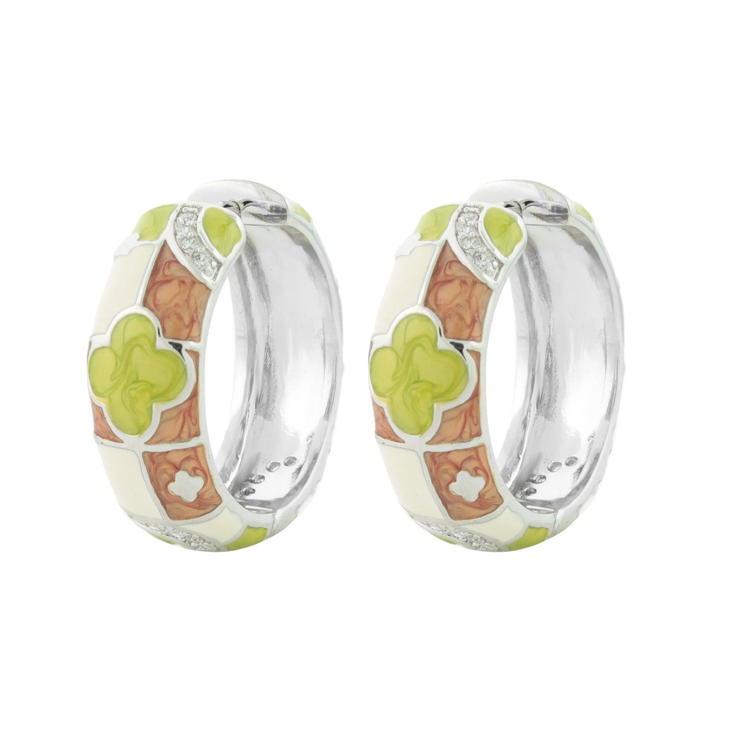 Pair of enamel hoop earrings Clover by Lauren G Adams, lime green clover mosaic on silver hoops on Tampa Home & Garden Store