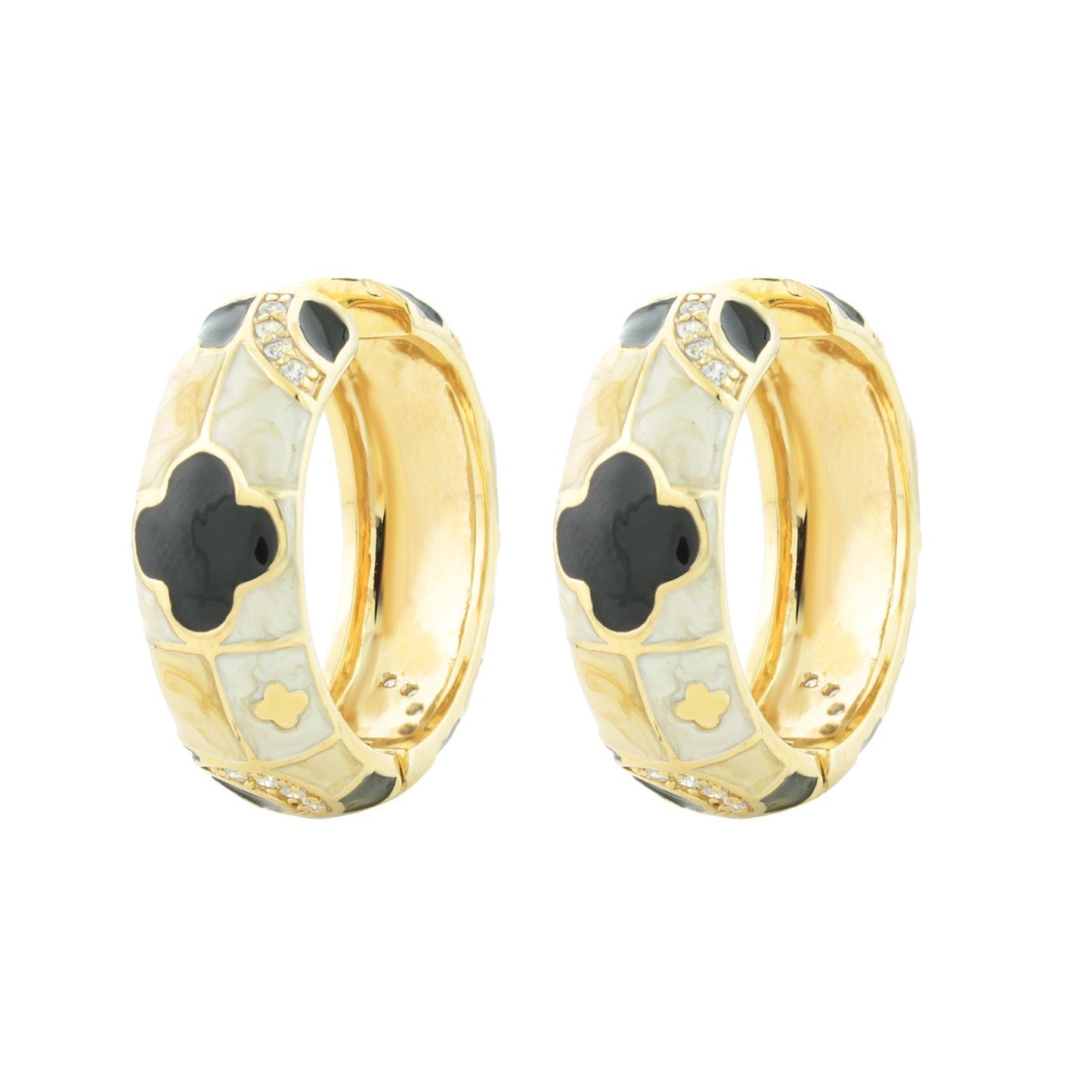 Fun Clover Earrings by Lauren G Adams, gold-tone enamel hoops with white and black clover panels on Tampa Home & Garden Store