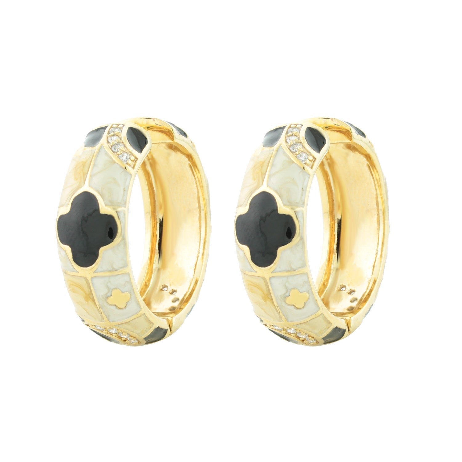 Fun Clover Earrings by Lauren G Adams, gold-tone enamel hoops with white and black clover panels on Tampa Home & Garden Store