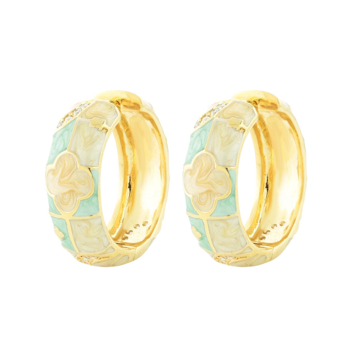 Fun Clover Enamel Hoop Earrings gold-tone with mint and ivory clover enamel on Tampa Home & Garden Store