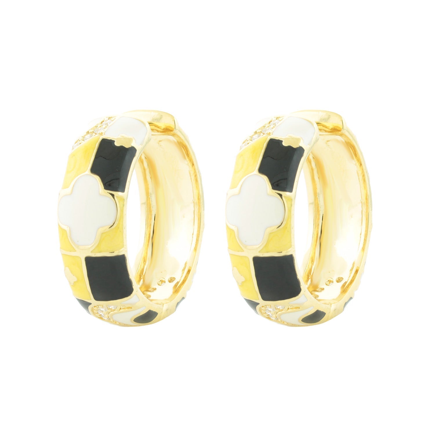 Fun Clover Earrings gold-tone enamel hoop pair with white clover motifs and black enamel panels on Tampa Home & Garden Store