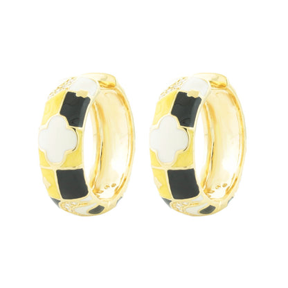 Fun Clover Earrings gold-tone enamel hoop pair with white clover motifs and black enamel panels on Tampa Home & Garden Store