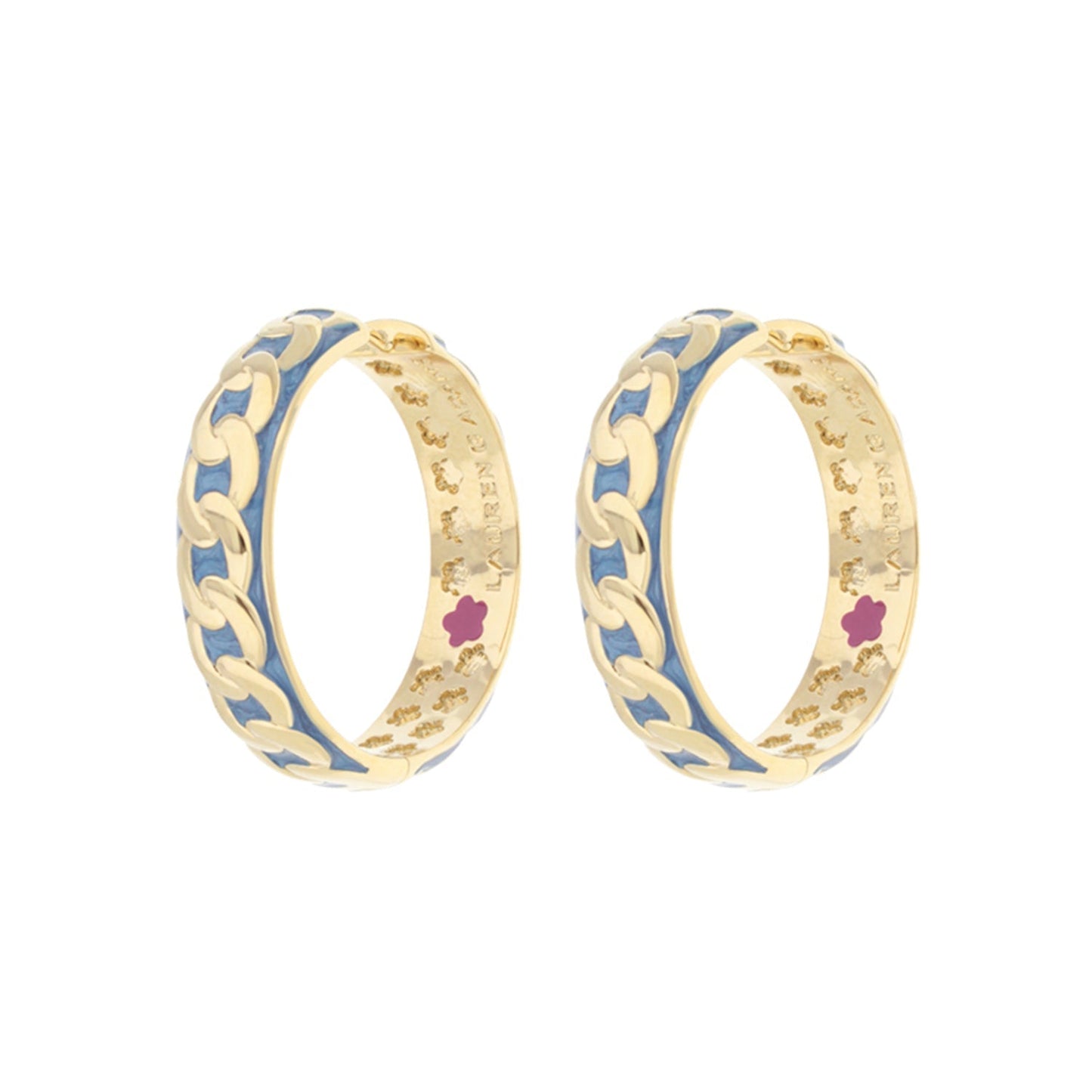Laguna Links Earrings, gold hoops with blue enamel links by Lauren G Adams, pair on Tampa Home and Garden Store