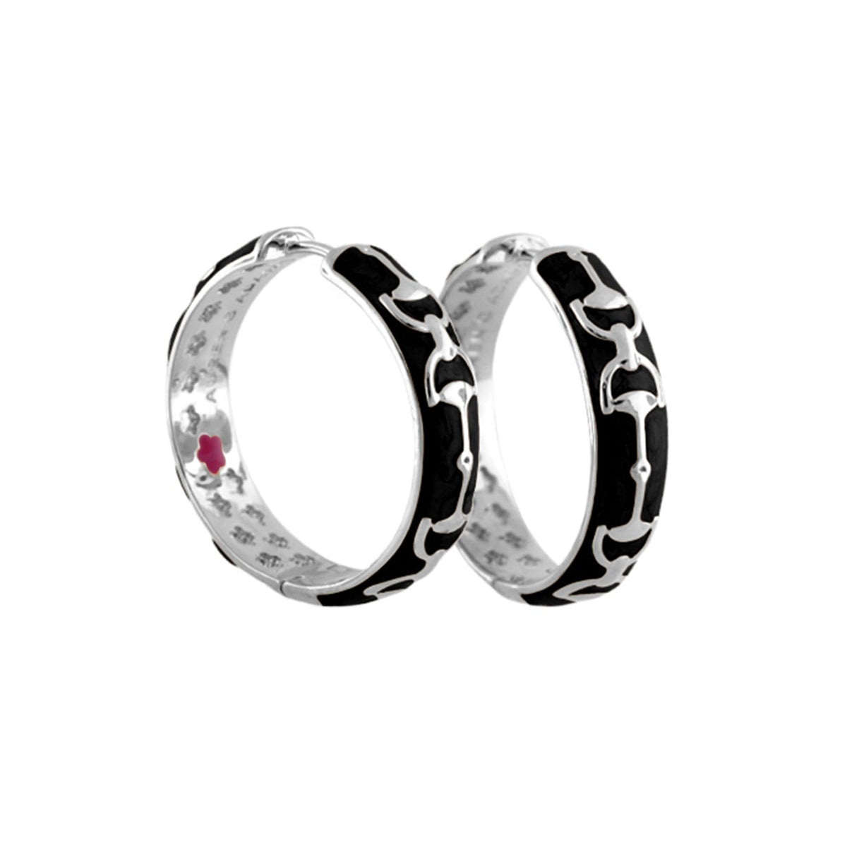 Equestrian Stirrup Earrings Lauren G Adams, black enamel on silver hoops, horse motif on Tampa Home & Garden Store