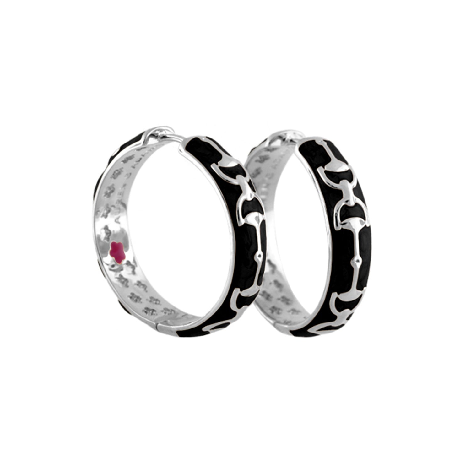 Equestrian Stirrup Earrings Lauren G Adams, black enamel on silver hoops, horse motif on Tampa Home & Garden Store