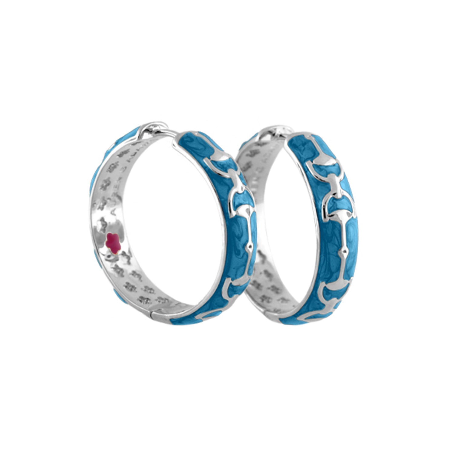 Pair of Equestrian Stirrup Earrings by Lauren G Adams, silver hoops with blue enamel design on Tampa Home & Garden Store