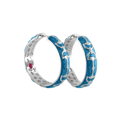 Pair of Equestrian Stirrup Earrings by Lauren G Adams, silver hoops with blue enamel design on Tampa Home & Garden Store