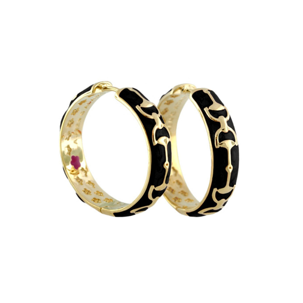 Equestrian Stirrup Earrings pair, gold hoops with black enamel pattern by Lauren G Adams on Tampa Home & Garden Store