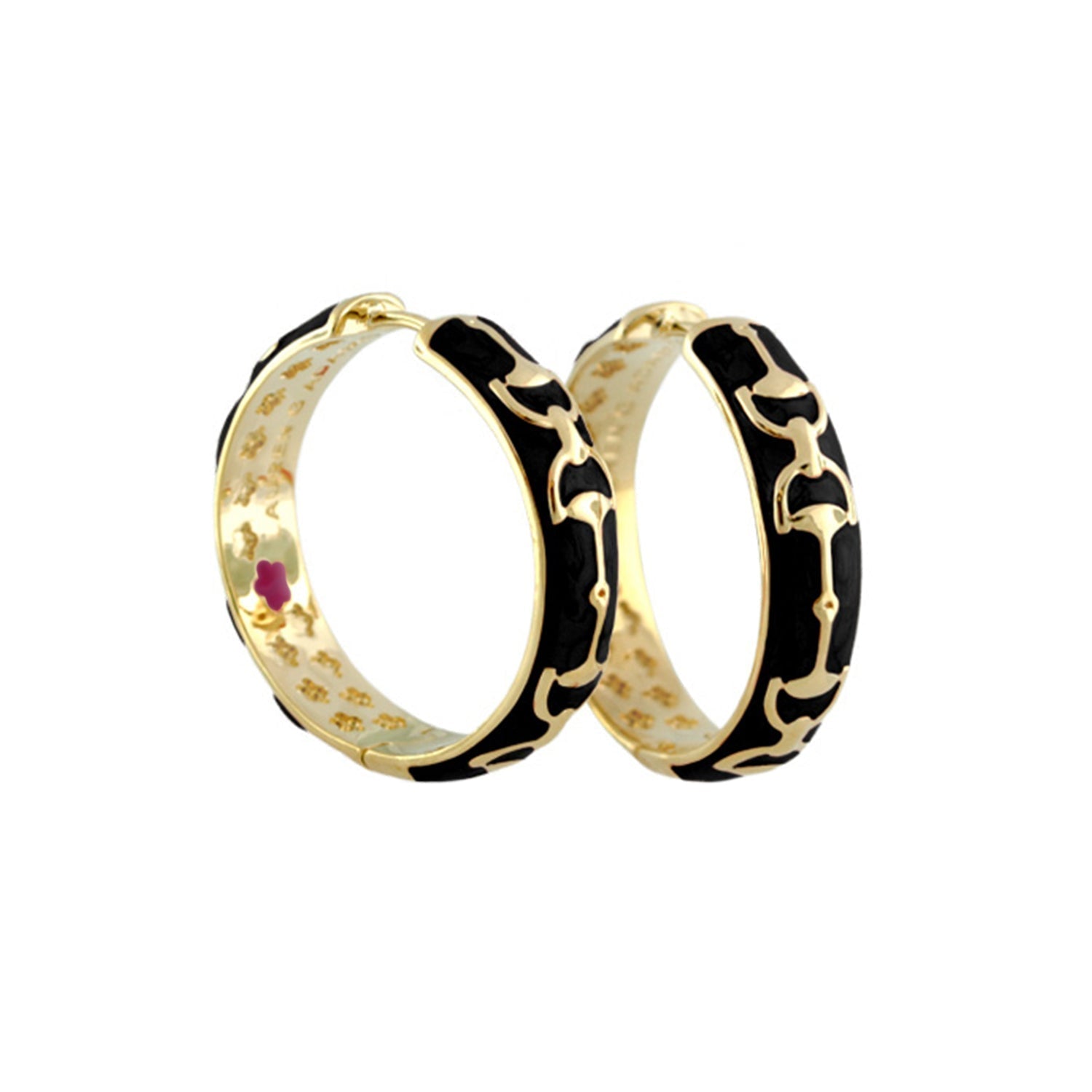 Equestrian Stirrup Earrings pair, gold hoops with black enamel pattern by Lauren G Adams on Tampa Home & Garden Store
