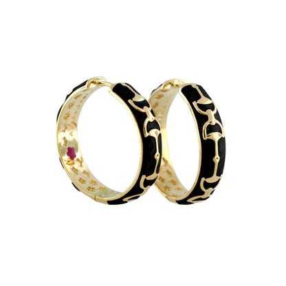Equestrian Stirrup Earrings pair, gold hoops with black enamel pattern by Lauren G Adams on Tampa Home & Garden Store