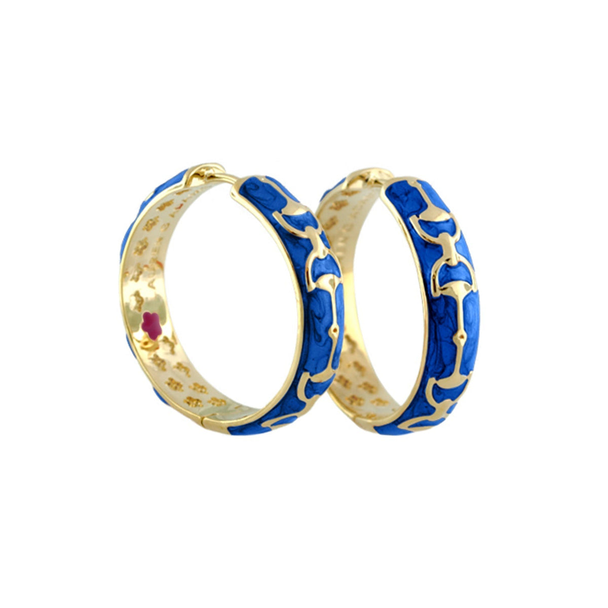 Equestrian stirrup hoop earrings, gold-tone with blue enamel detailing, pair on Tampa Home & Garden Store
