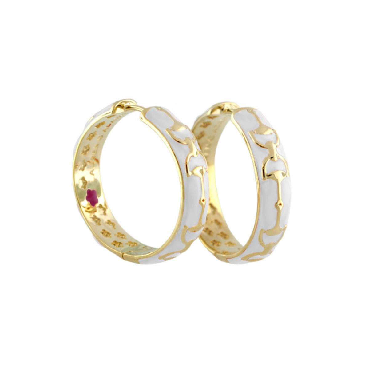 Equestrian Stirrup Earrings by Lauren G Adams, gold-tone with white enamel accents, pair on Tampa Home & Garden Store
