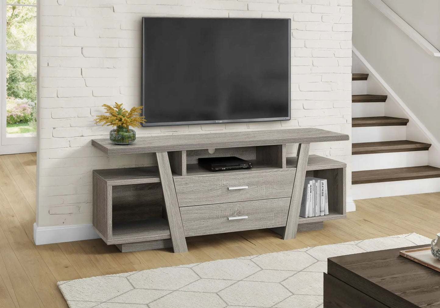 TV stand by Unique Piece Furniture in taupe wood finish with storage drawers and open shelf on Tampa Home & Garden Store