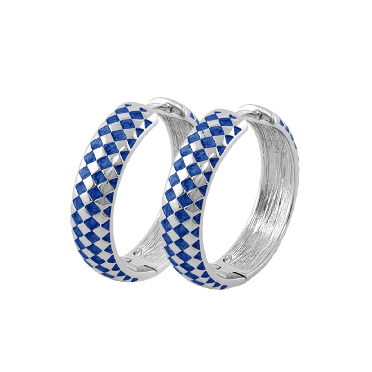 Checker Chic Earrings by Lauren G Adams, blue checker enamel on silver hoops, pair on Tampa Home & Garden Store