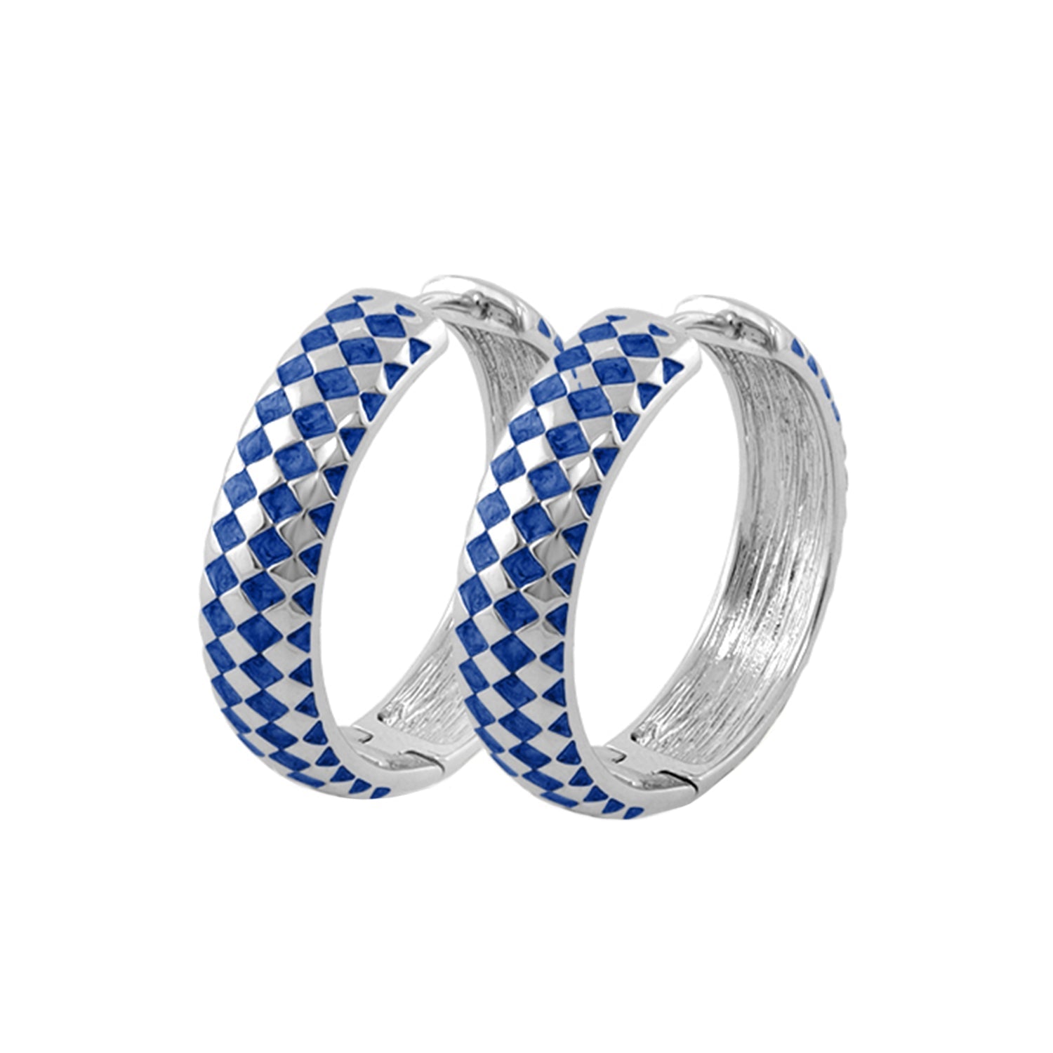 Checker Chic Earrings by Lauren G Adams, blue checker enamel on silver hoops, pair on Tampa Home & Garden Store