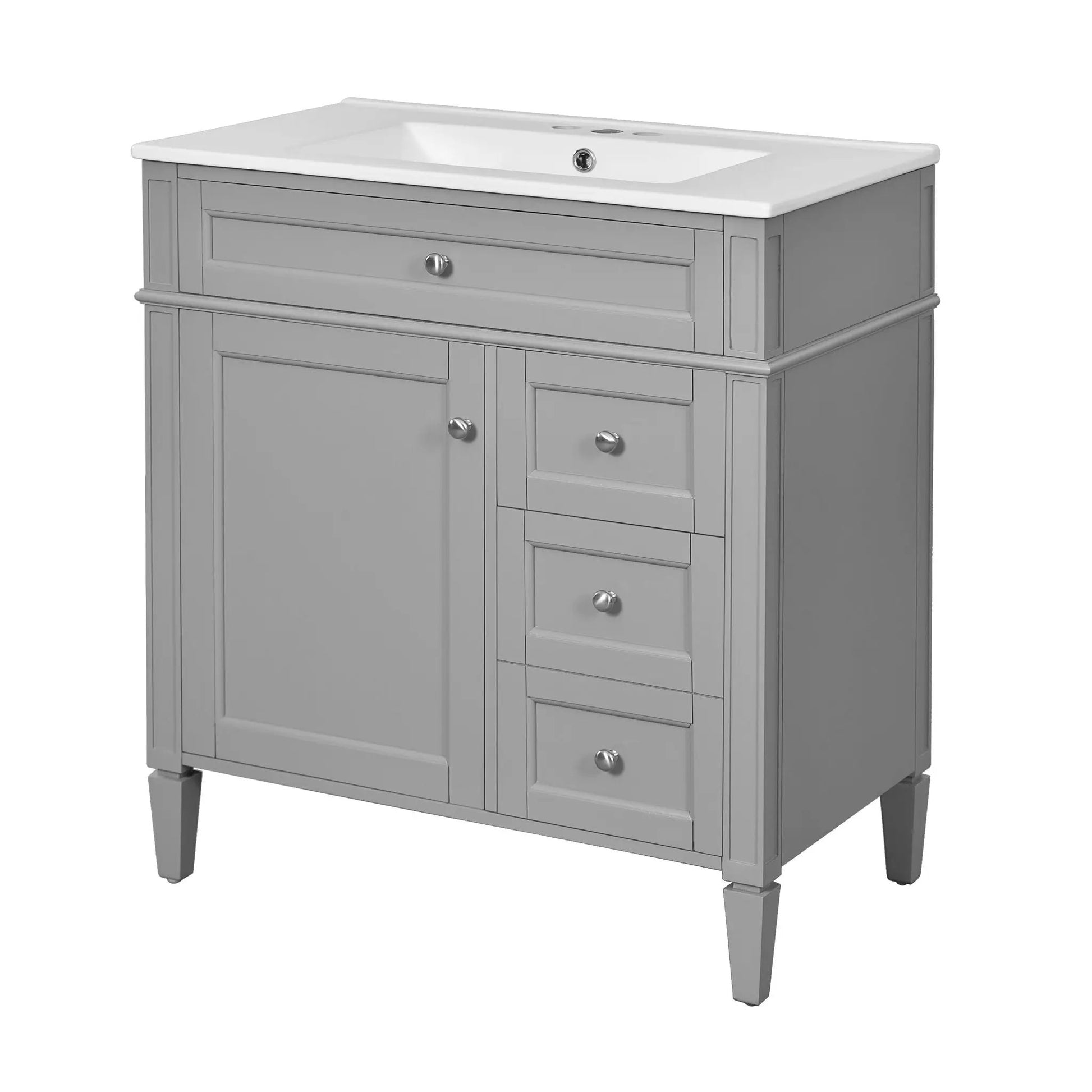 Bathroom vanity with white sink and gray base, 2 drawers, tip-out drawer, chrome knobs on Tampa Home & Garden Store